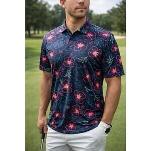 Greenside Golf Tropical Floral Neon Polo Mens Large Stylish Golfcore Shirt NWT